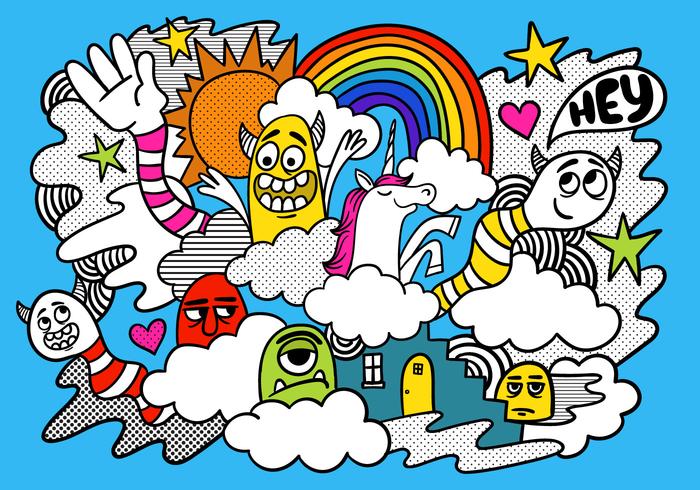 Colorful rainbow monster doodle vector