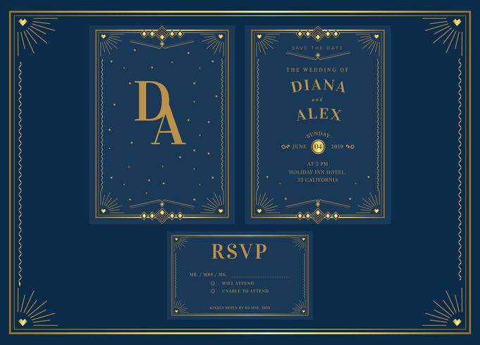 Elegante azul oro Pack Art Deco boda invitación plantilla Vector