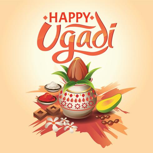 Resumen de vectores creativo para Ugadi feliz con ilustración de bonito y hermoso diseño