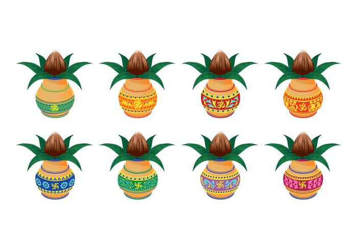 Set Vector illustration of Kalash with Coconut and Mango Leaf