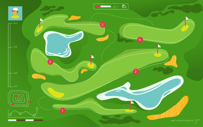 Overhead View Golf Course Tournament Map Vector Flat Illustration