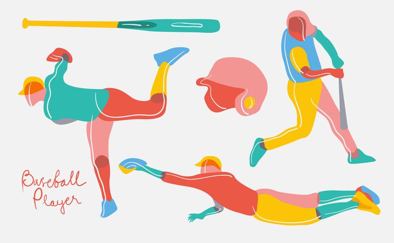Ilustración colorida abstracta del jugador de béisbol del vector plana