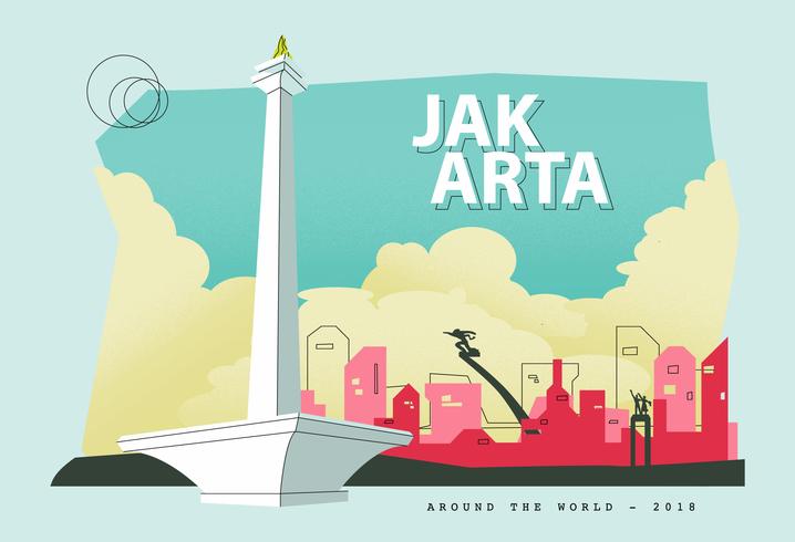 Ilustración del vector de la postal de la ciudad capital de Jakarta de Indonesia