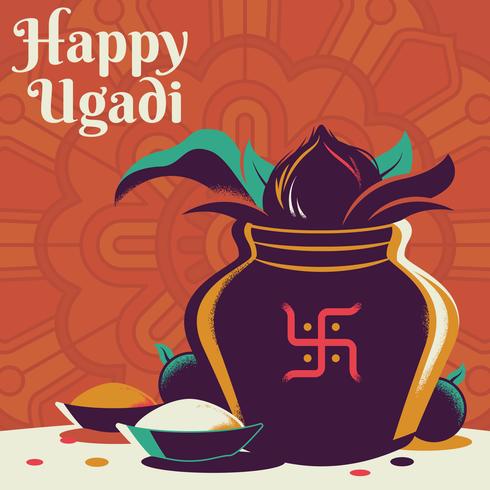 Feliz Ugadi Gold Pot con la ilustración de coco vector