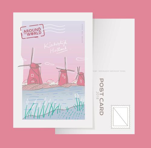 Kinderdijk Holland Landmark Postcard Vector Illustration