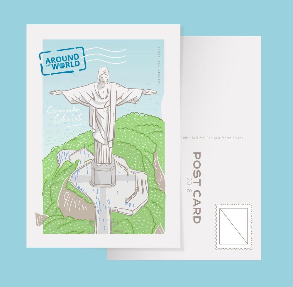 Cristo famoso de Corcovado el redentor en la ilustración del vector de la postal de Rio De Janeiro