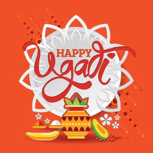 Plantilla de Happy Ugadi Greeting Card Comida India tradicional festiva vector