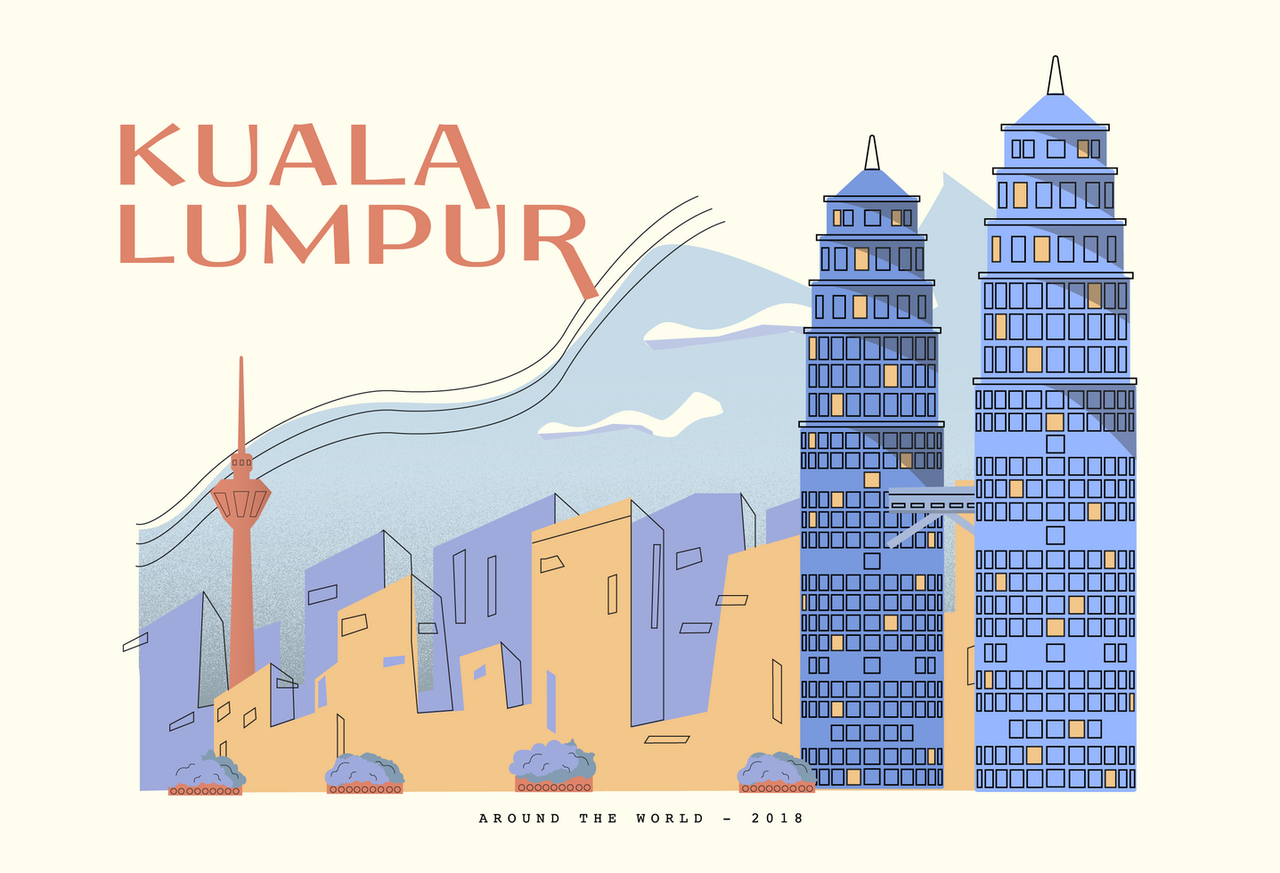 Torre gemela de Petronas en la ilustración del vector de la postal de Kuala Lumpur