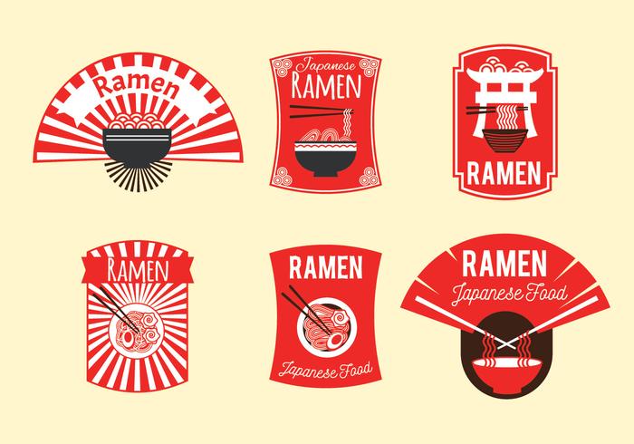 Conjunto de ilustración de insignia de ramen japonés en fondo marrón vector