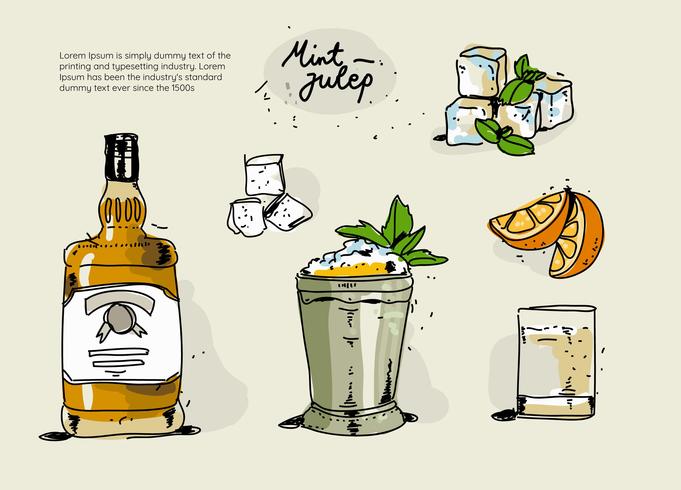 Ingredientes de Julep de menta fresca ilustración de Vector dibujado a mano