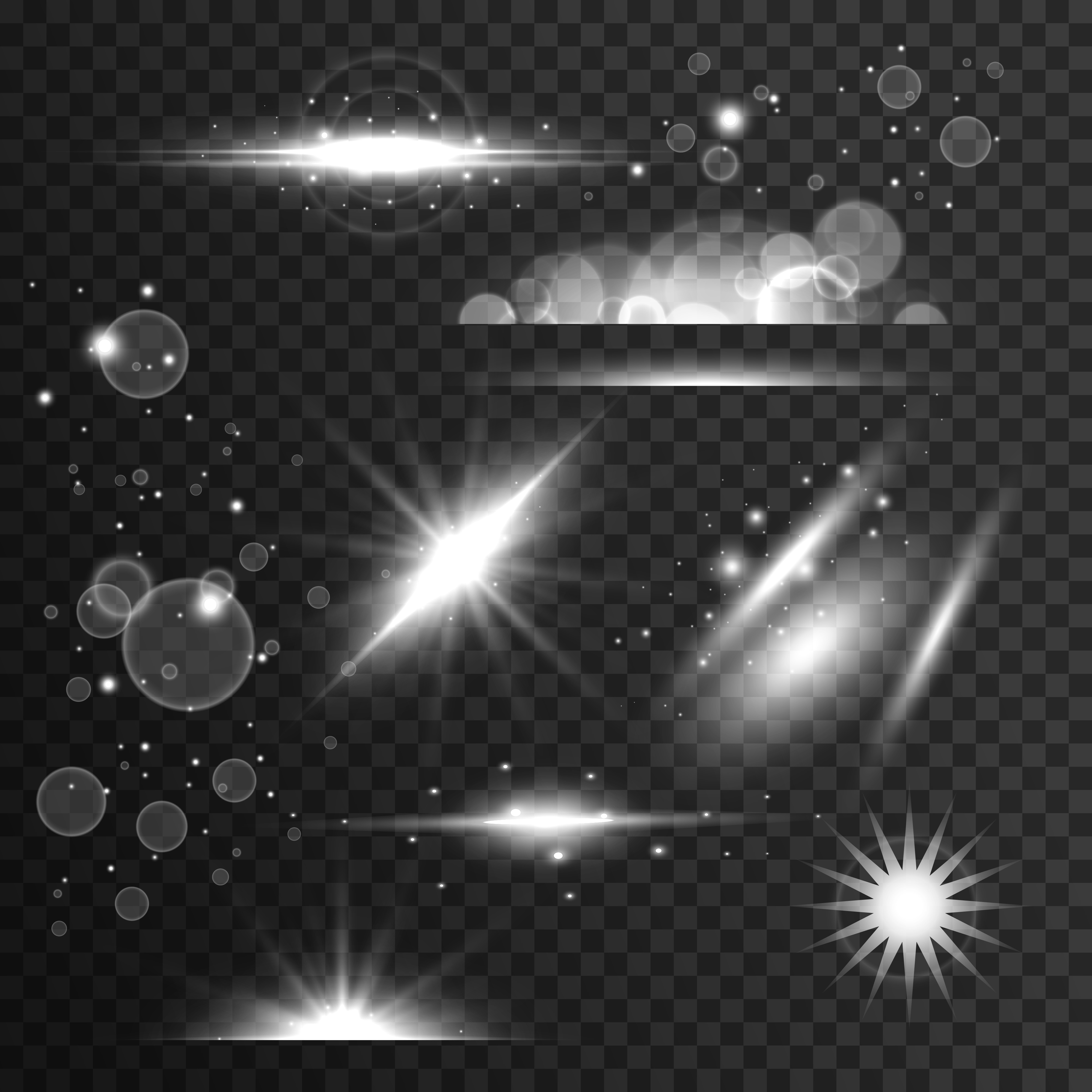 set of sparkles, light effect and lens flare in transparent styl