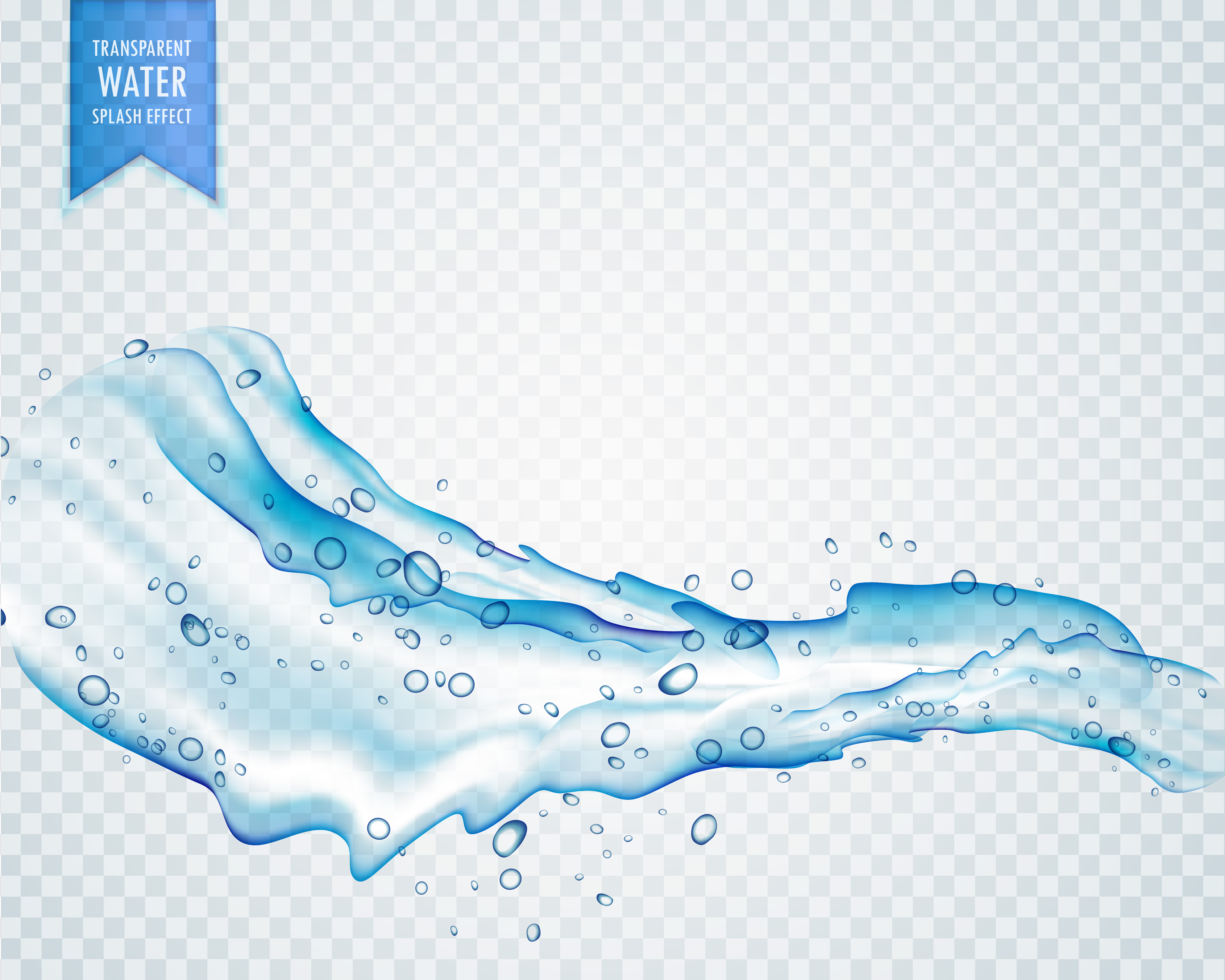 transparent water splash with drops in light blue color flowing