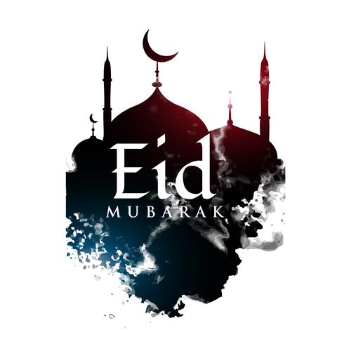 Eid mubarak greeting design with mosque shape and grunge 