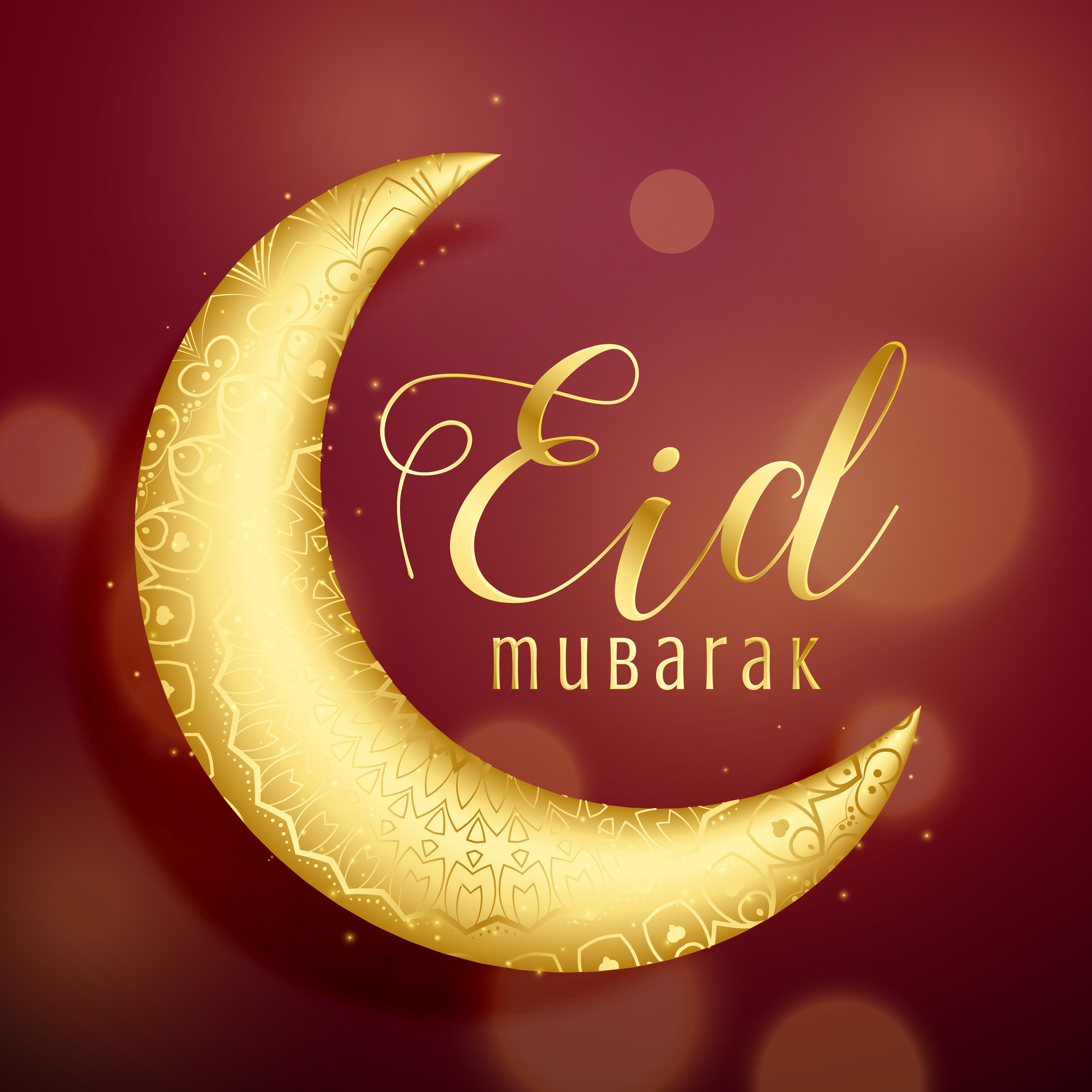 Golden crescent moon on red background for eid festival 