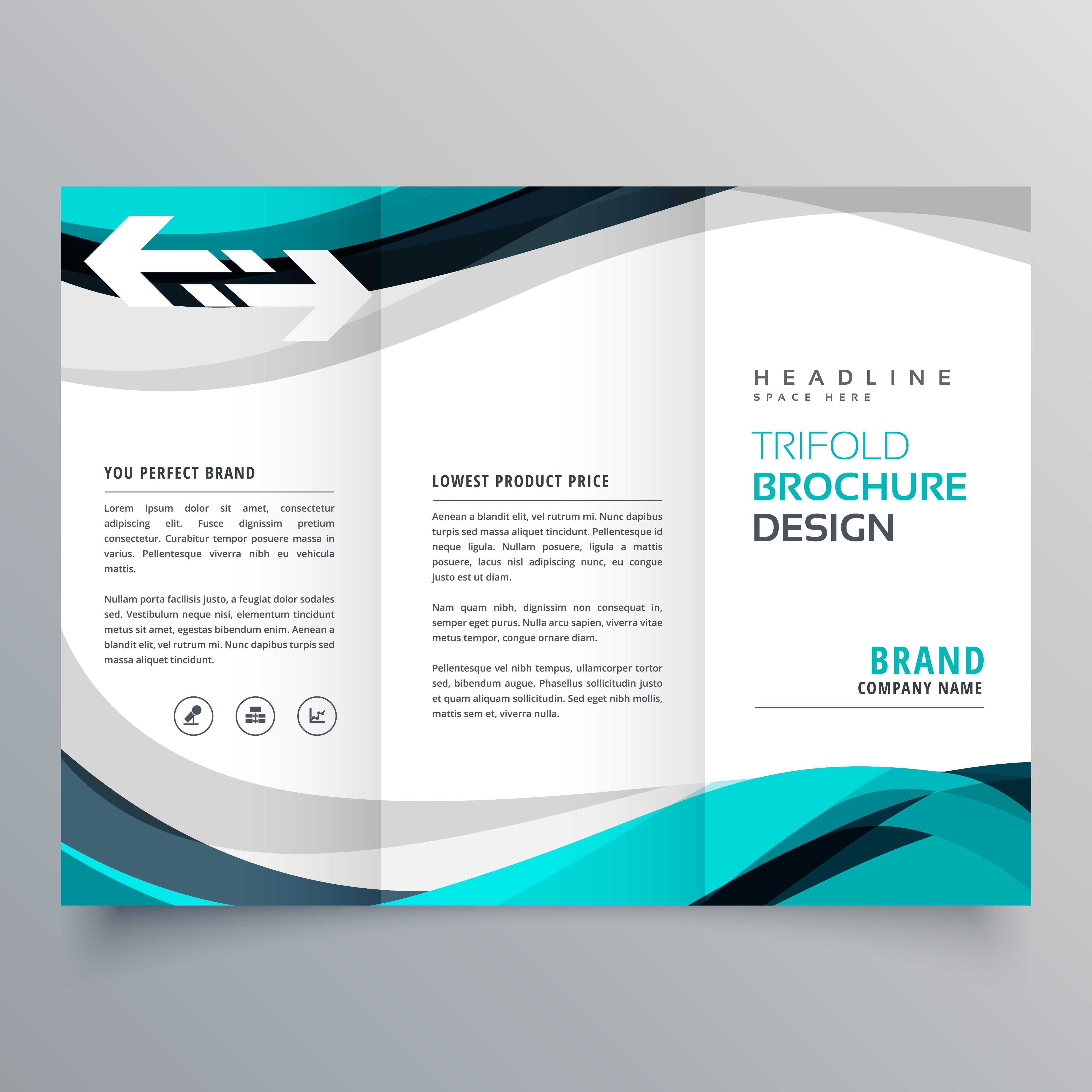 trifold brochure design with beautiful blue and gray wave