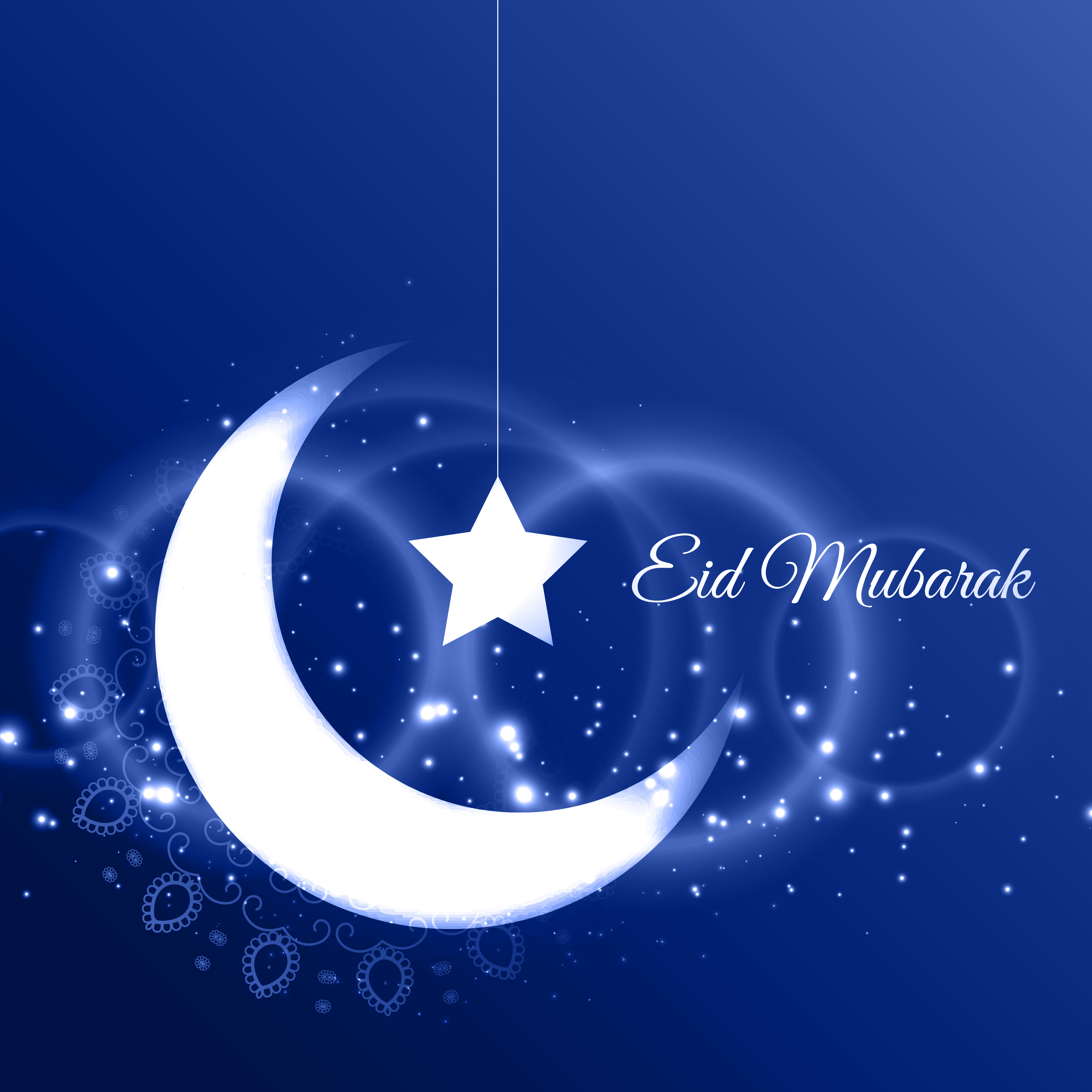eid mubarak card with crescent moon on blue background ...