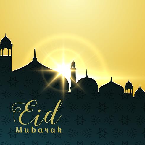 Eid mubarak greeting card design with mosque and rising 