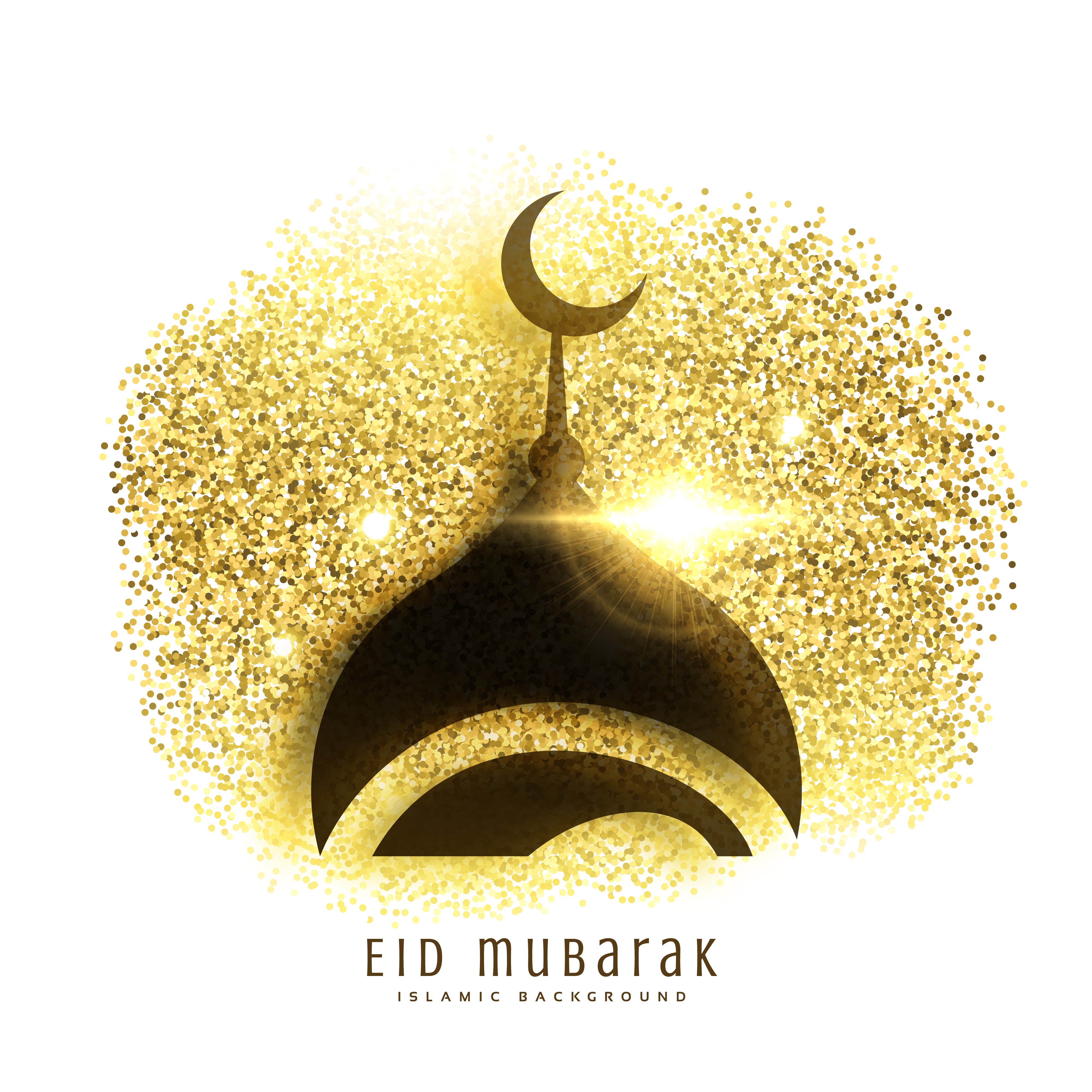 Mosque design on golden glitter, eid mubarak greeting 