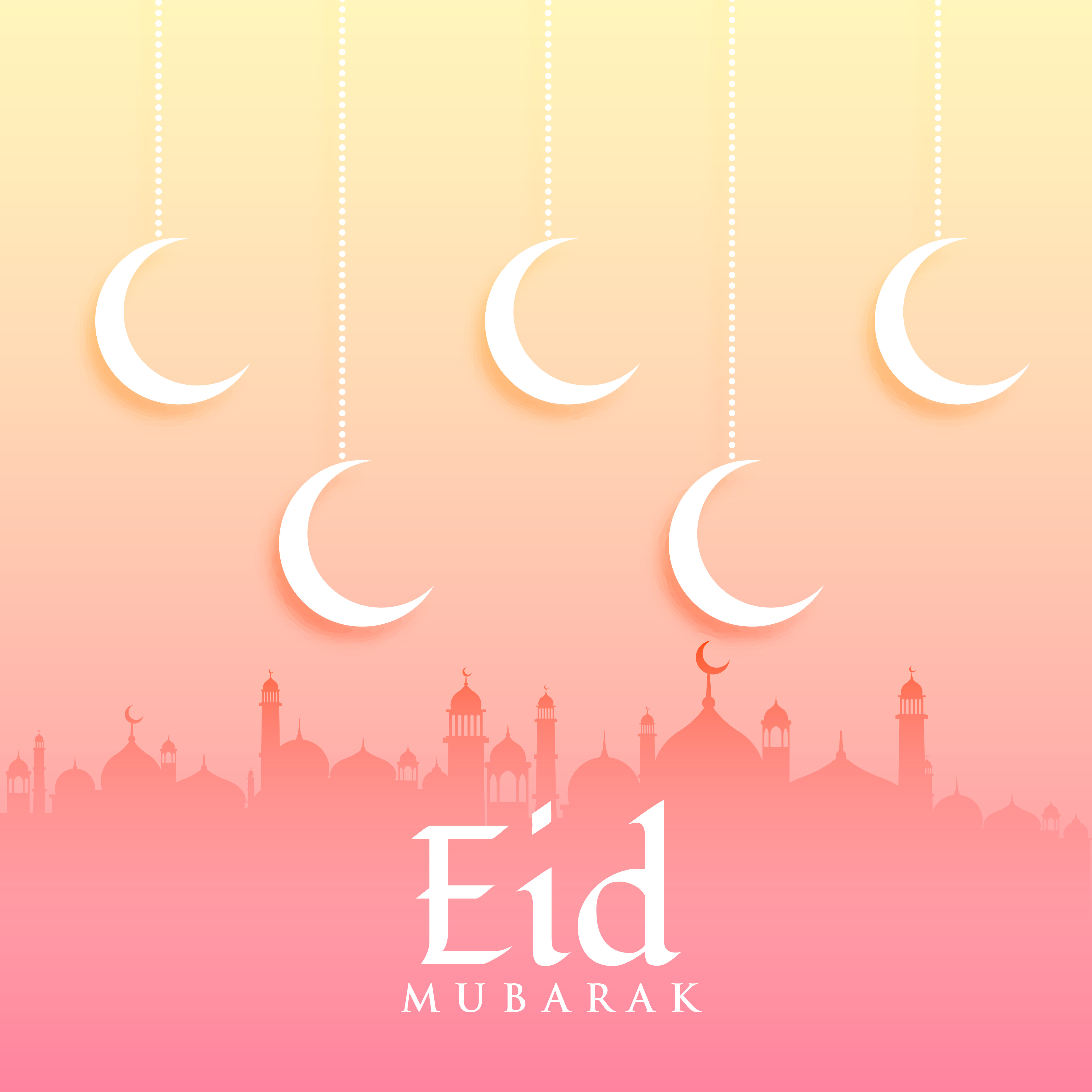 Eid mubarak greeting card design with moon and mosque 