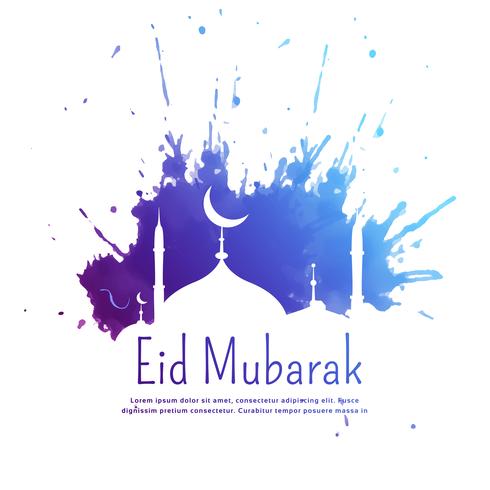 Eid mubarak greeting with blue ink splatter and mosque 