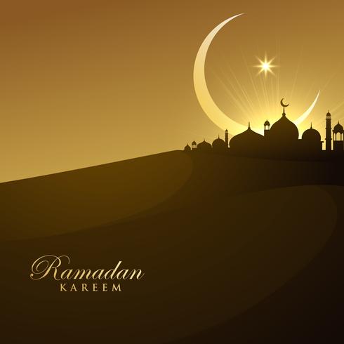 Beautiful mosque silhouette in night with crescent moon 