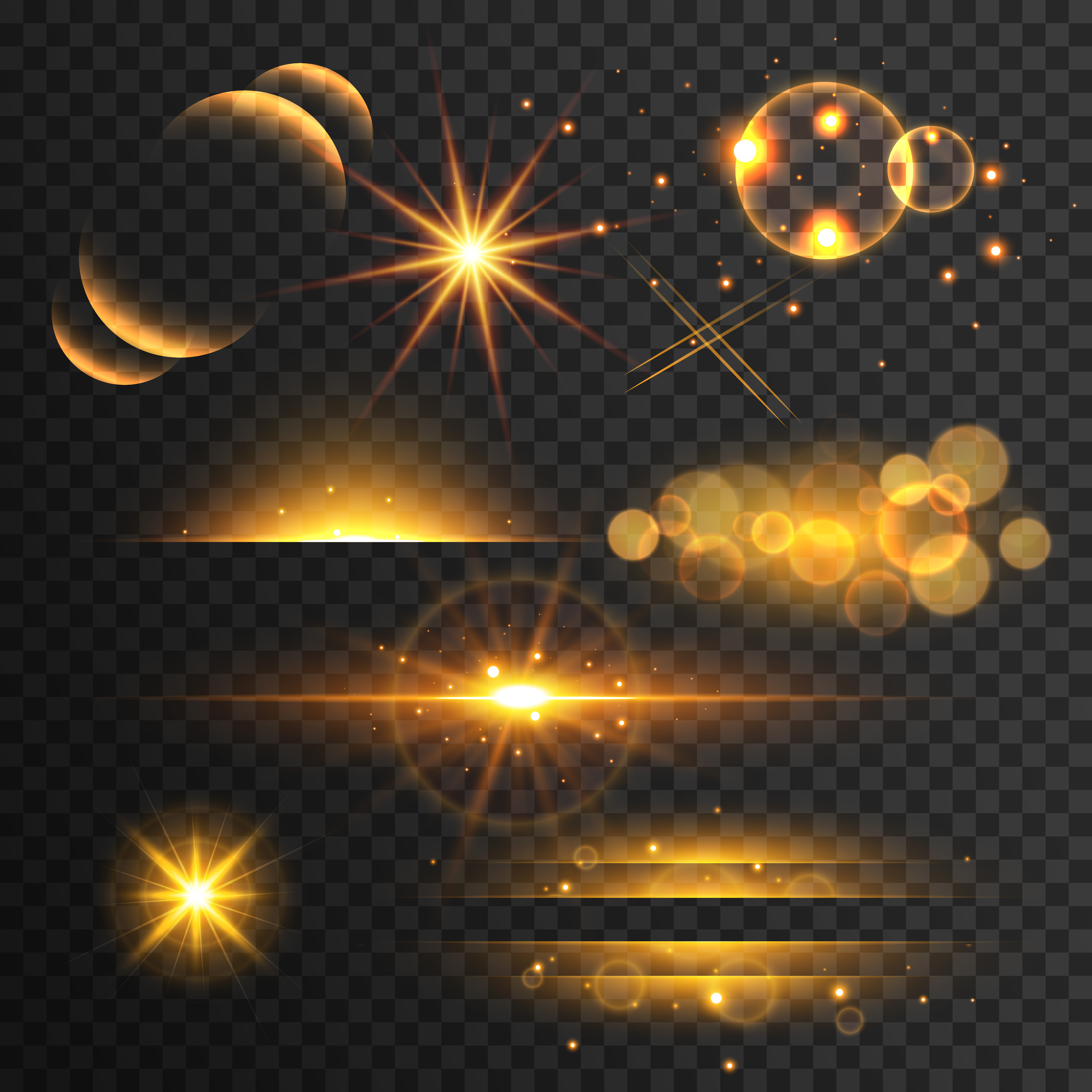 set of golden glitters lights and sparkles with lens effect on t Download Vetores e Gráficos