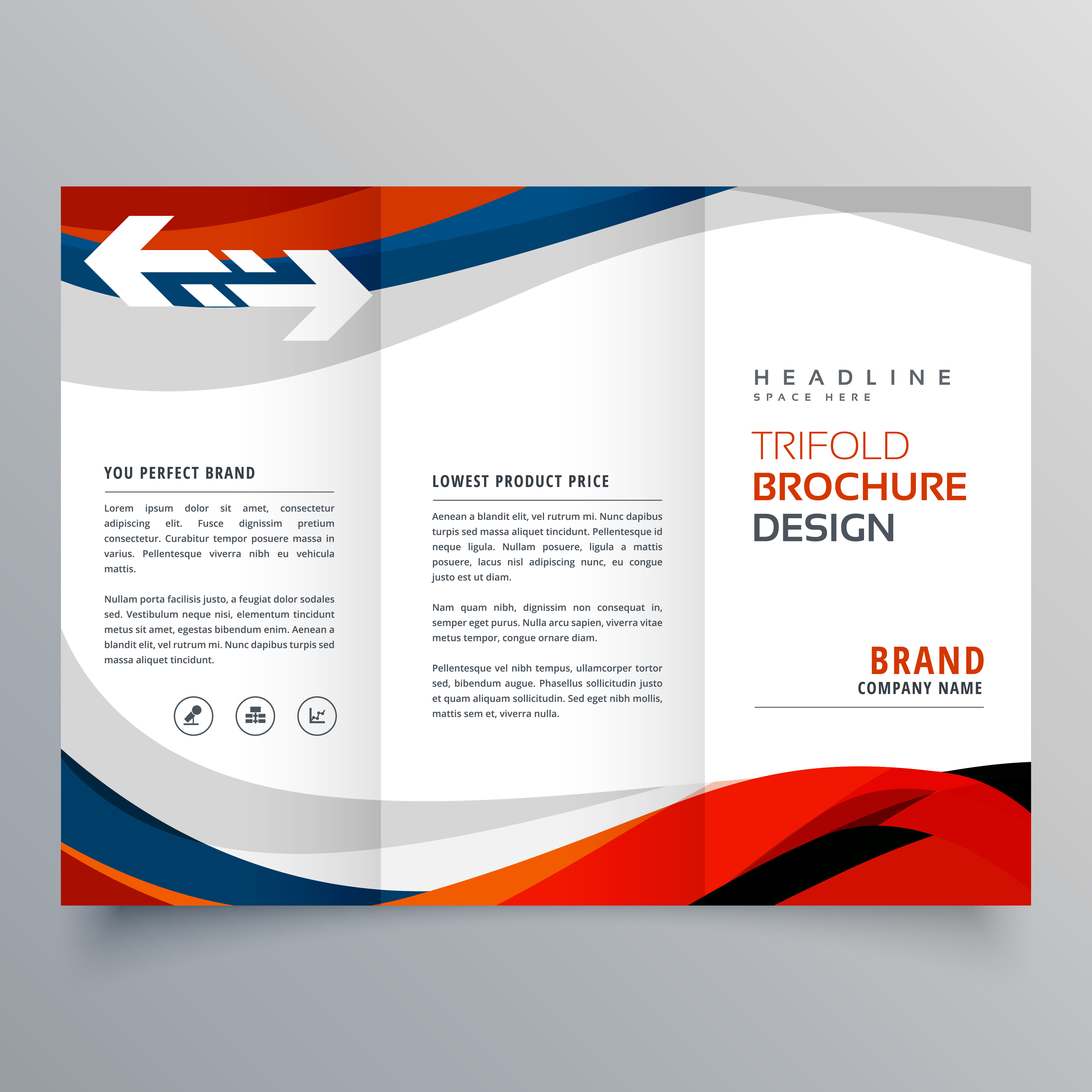 elegant red and blue wave business tri fold brochure design temp