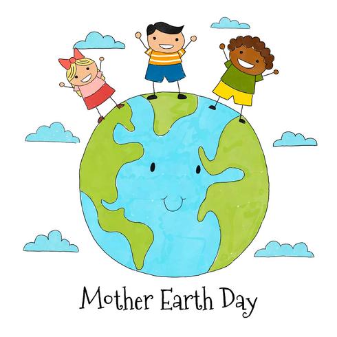 Cute Earth With Three Kids And Clouds Around vector