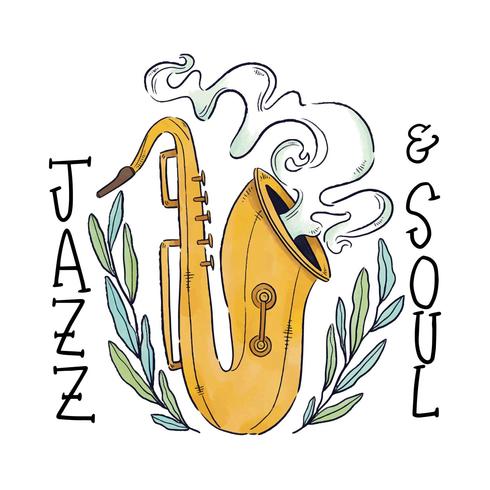 Saxophone With Leaves Around And Lettering  vector