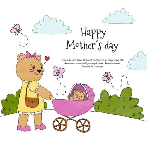 Cute Mom Bear With Baby Carriage With Baby Bear Inside vector