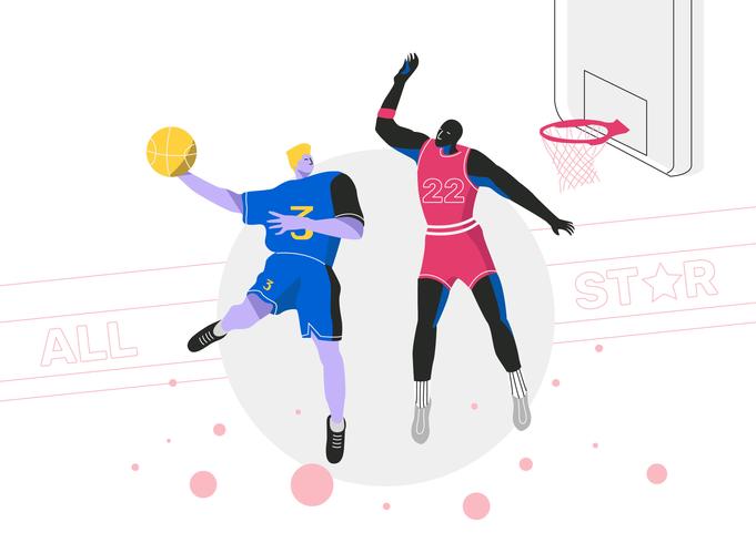 jugador de baloncesto volcada toda ilustración plana del vector de la estrella