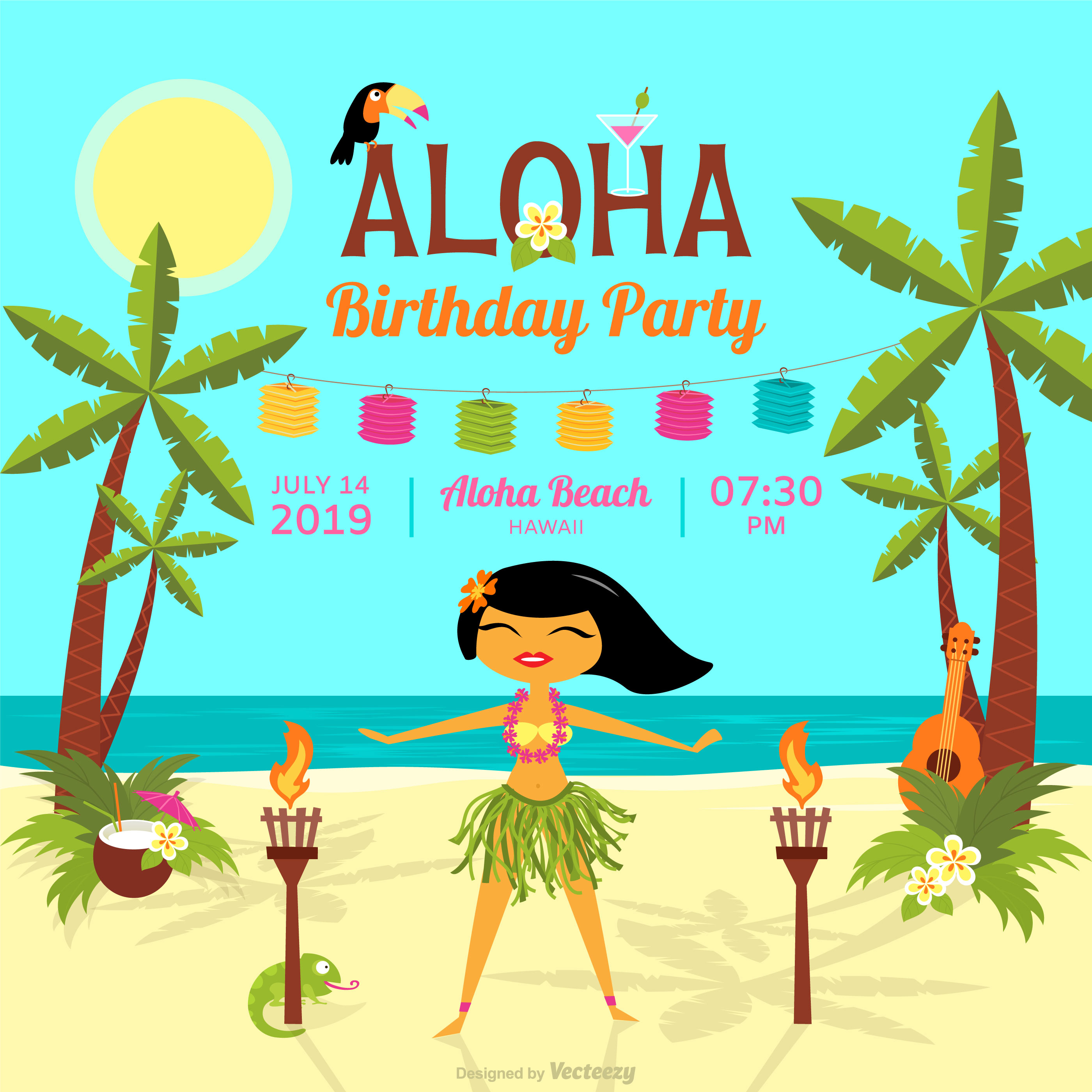 Download Cartoon Polynesian Birthday Party Vector Card for free 