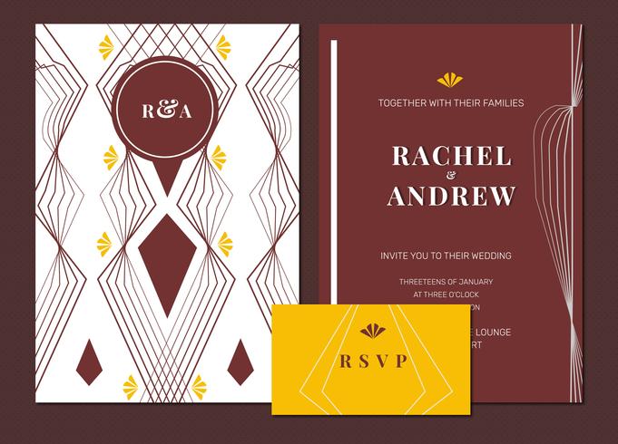 Gold Maroon Premium Art Deco Wedding Invitation Vector Template Pack