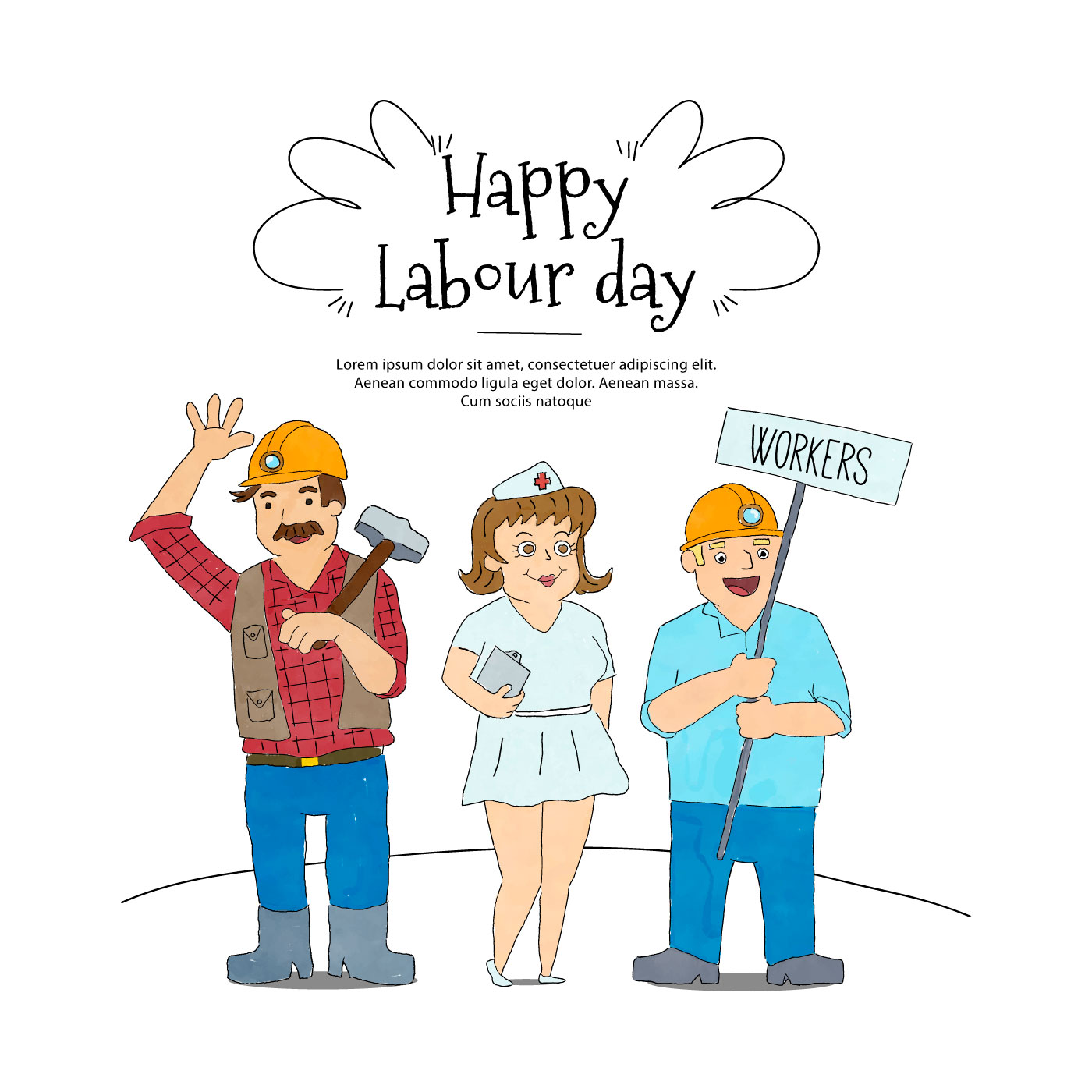 Watercolor illustration of workers to be used in Labour Day. 