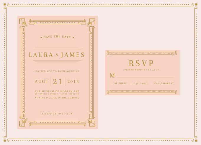 Soft Peach Art Deco Wedding Invitation Template Vector