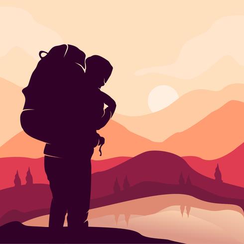 Hiker looking at the lake illustratio vector