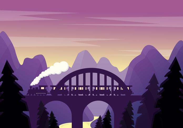 Vector Purple Landscape with Bridge