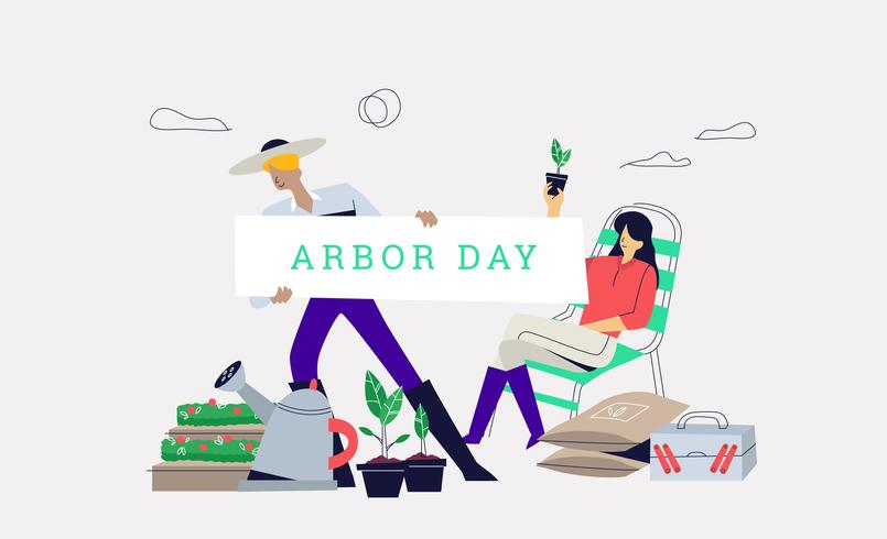 Diversión de la agricultura en Arbor Day Banner Background Vector Illustration