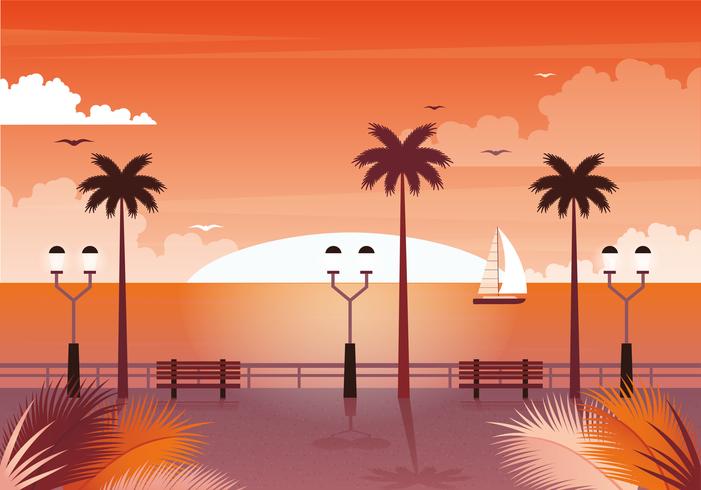 Ilustración de paisaje al atardecer de vector