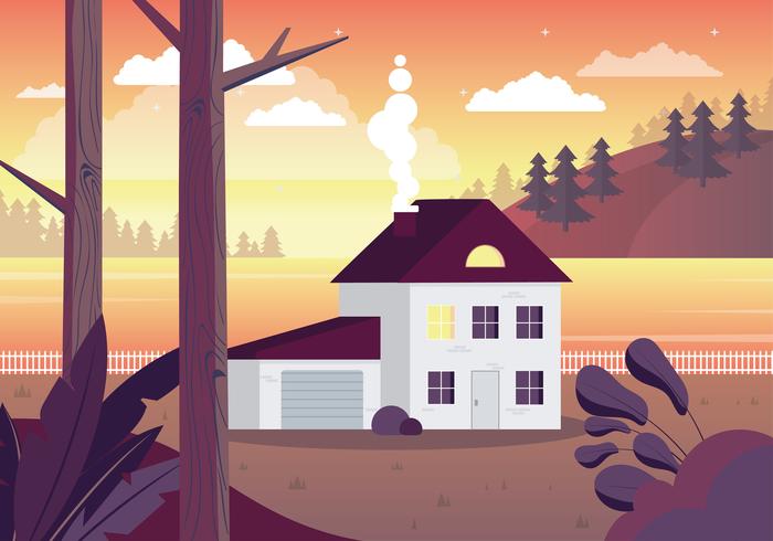 Ilustración de paisaje al atardecer de vector