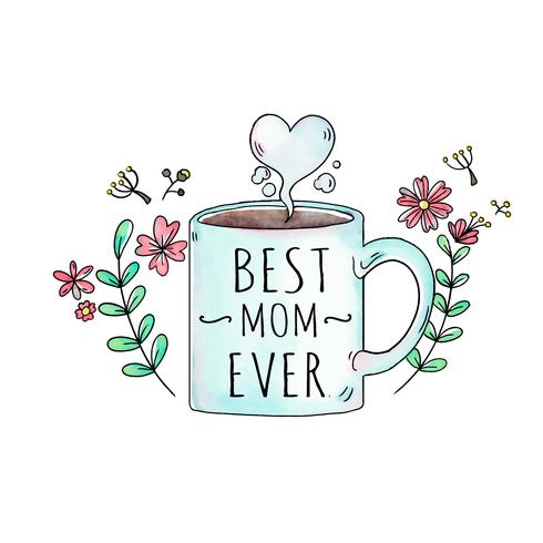 Linda taza con flores y hojas con corazón para el día de la madre vector