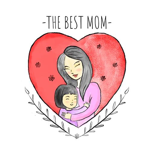 Cute Mother With Little Girl Inside Red Heart And Leaves Around vector