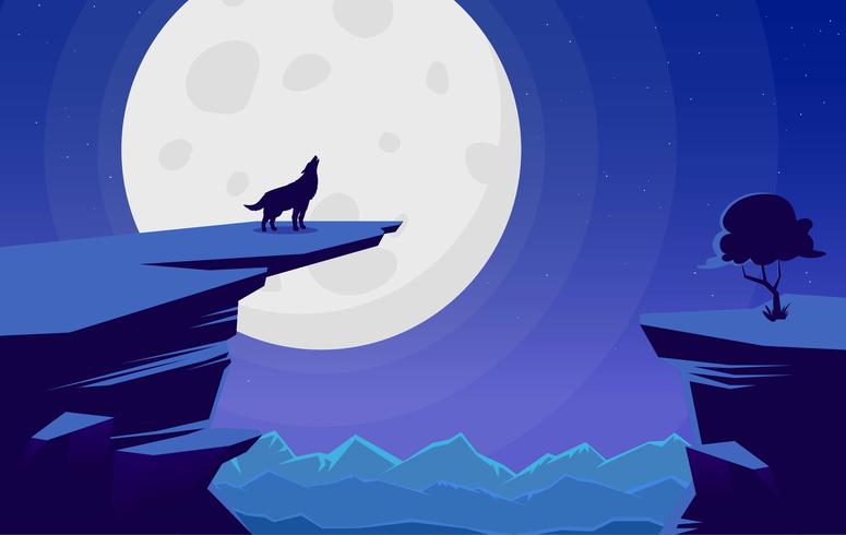 Vector Landscape with Wolf Illustration