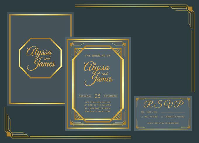 Plantilla de Vector de invitación de boda Art Deco de oro azul marino