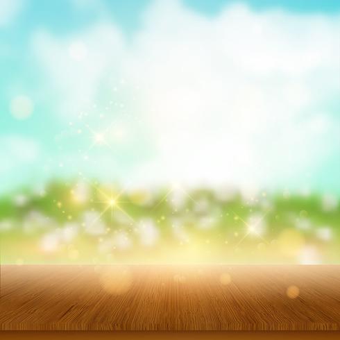 Wooden table looking out to summer landscape vector