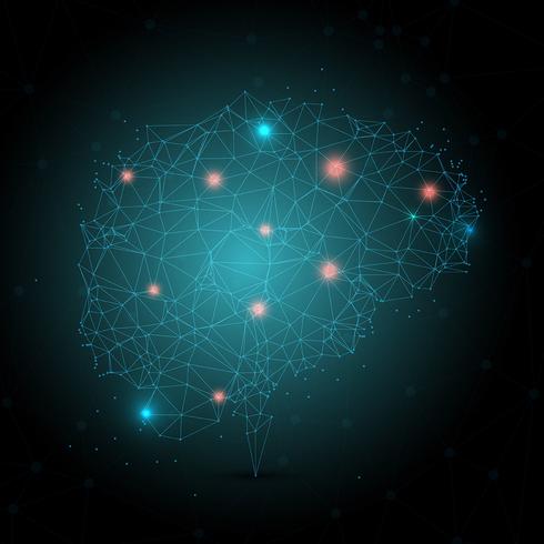 Low poly brain with glowing dots  vector