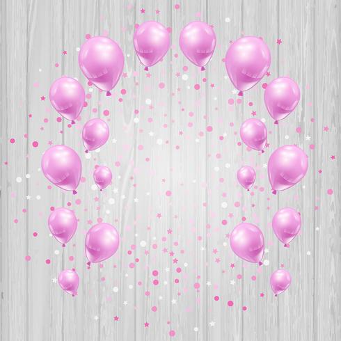 Fondo de celebración con globos rosados y confeti. vector