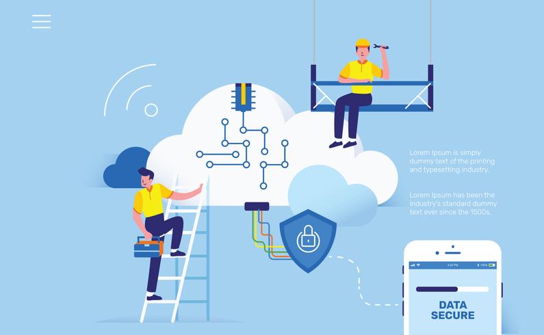 Ingenieros de la nube para la ilustración de Vector de gadget de teléfono de ahorro de datos