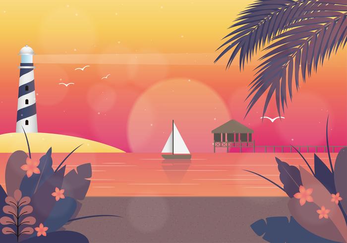 Ilustración de paisaje al atardecer de vector