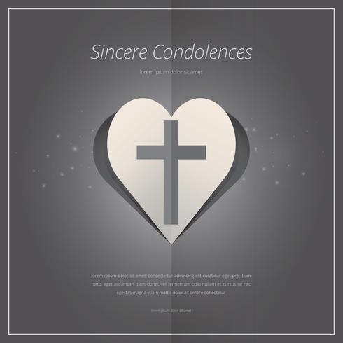 Elegante tarjeta de funeral con icono cruzado y formas de corazón. vector